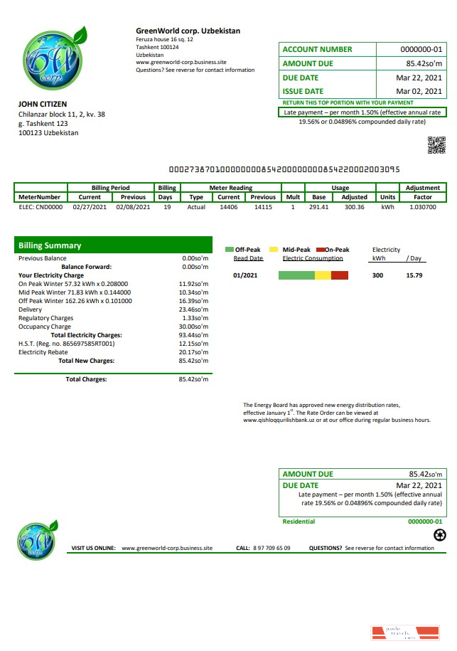 Uzbekistan GreenWorld utility bill template in Word and PDF (.doc and .pdf) format, fully editable